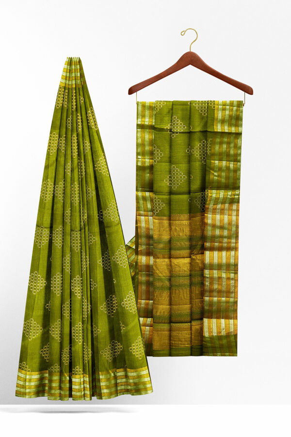 sri kumaran stores tussar silk green saree with golden silver border 2