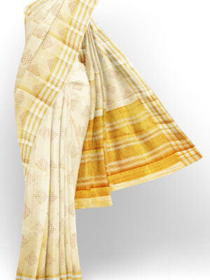 sri kumaran stores tussar silk half white saree with golden colour border 1