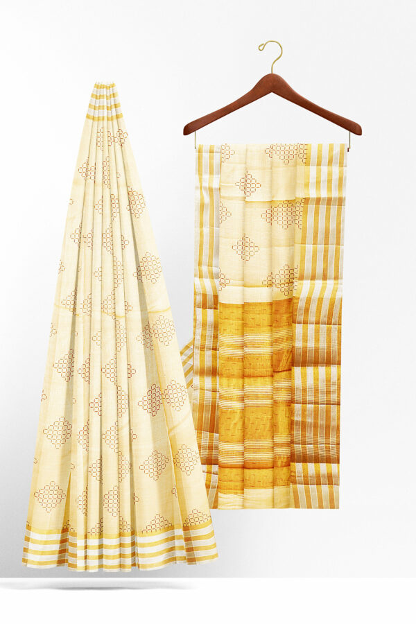 sri kumaran stores tussar silk half white saree with golden colour border 2