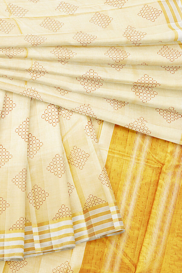 sri kumaran stores tussar silk half white saree with golden colour border 5
