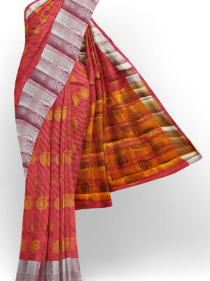 sri kumaran stores tussar silk pink saree with silver border 1