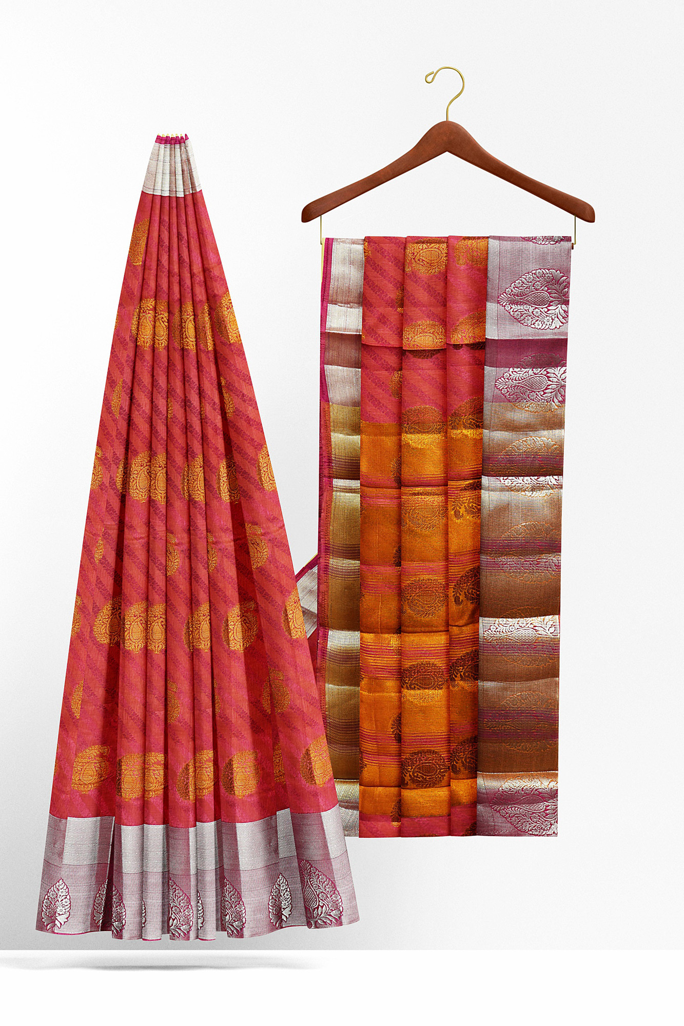 sri kumaran stores tussar silk pink saree with silver border 2