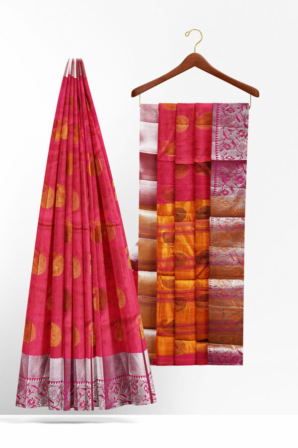 sri kumaran stores tussar silk pink saree with silver colour border 2