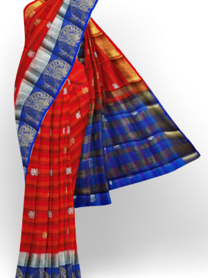 sri kumaran stores tussar silk red saree with golden blue border 1