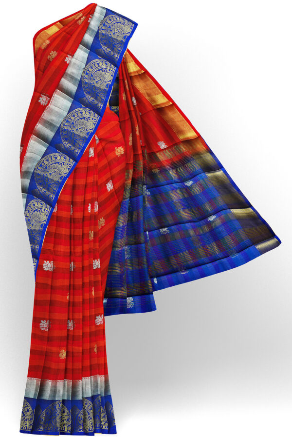 sri kumaran stores tussar silk red saree with golden blue border 1
