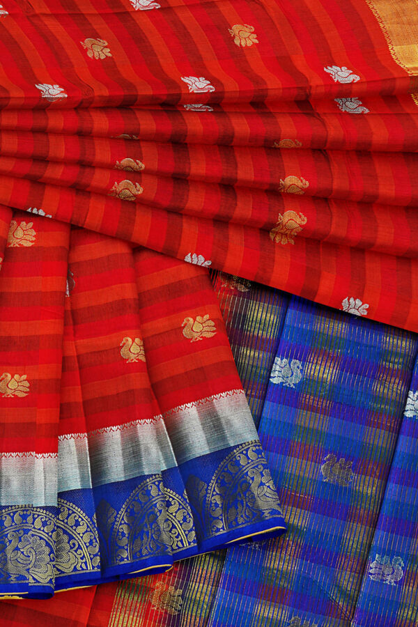 sri kumaran stores tussar silk red saree with golden blue border 5