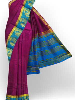 sri kumaran stores tussar silk violet saree with golden blue border 1