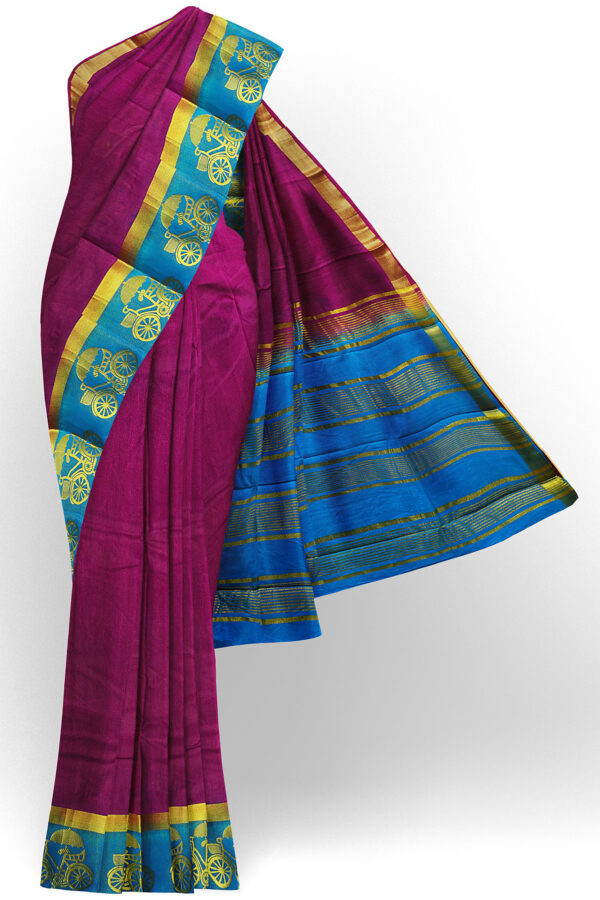 sri kumaran stores tussar silk violet saree with golden blue border 1
