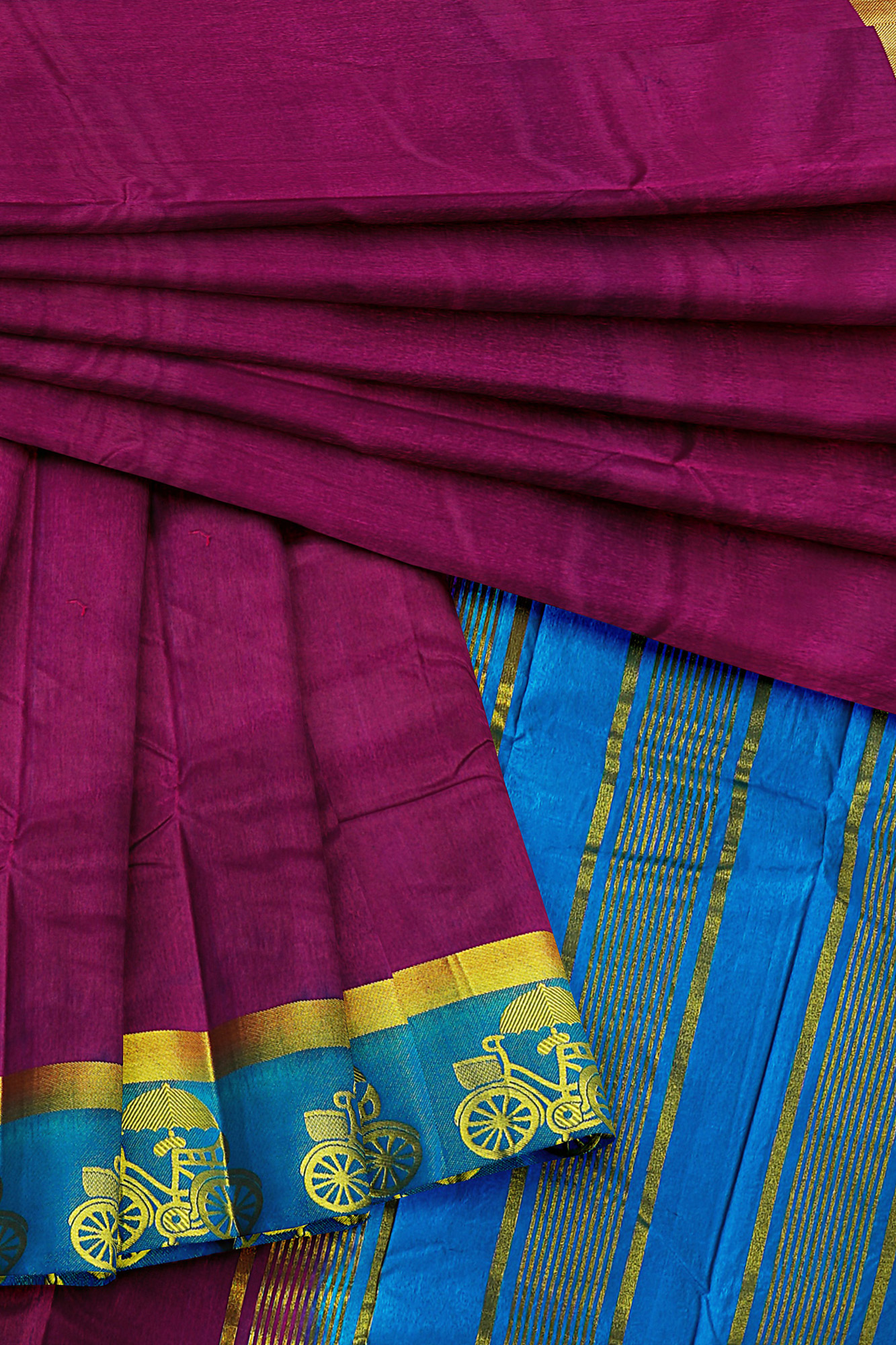 sri kumaran stores tussar silk violet saree with golden blue border 5