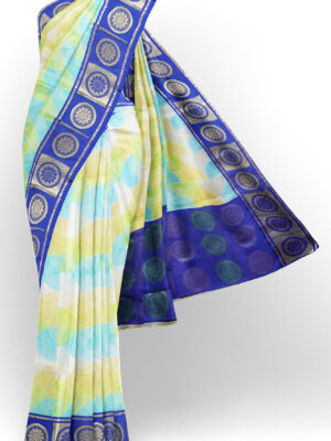 sri kumaran stores tussar silk white saree with blue border 1 1