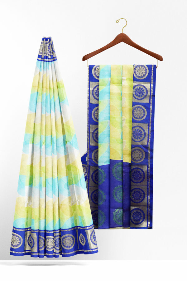 sri kumaran stores tussar silk white saree with blue border 1 2