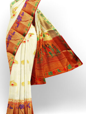 sri kumaran stores tussar silk white saree with golden red border 1