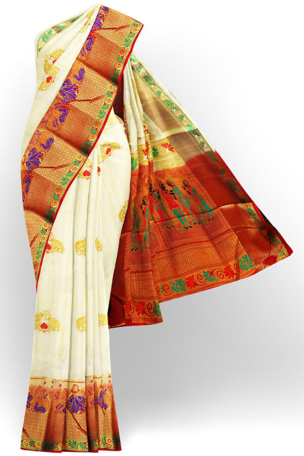 sri kumaran stores tussar silk white saree with golden red border 1