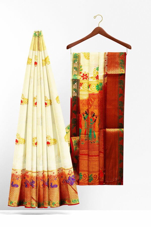 sri kumaran stores tussar silk white saree with golden red border 2