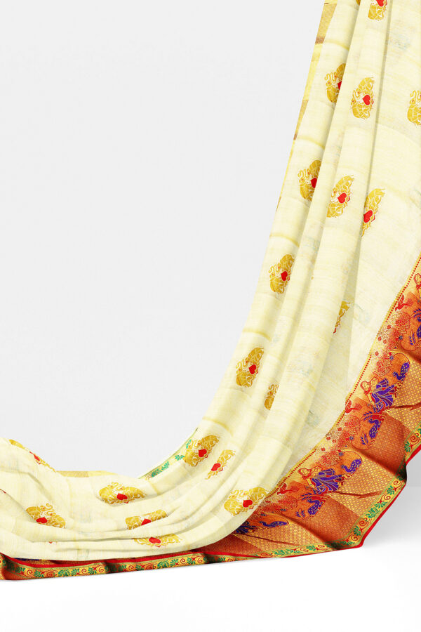 sri kumaran stores tussar silk white saree with golden red border 3