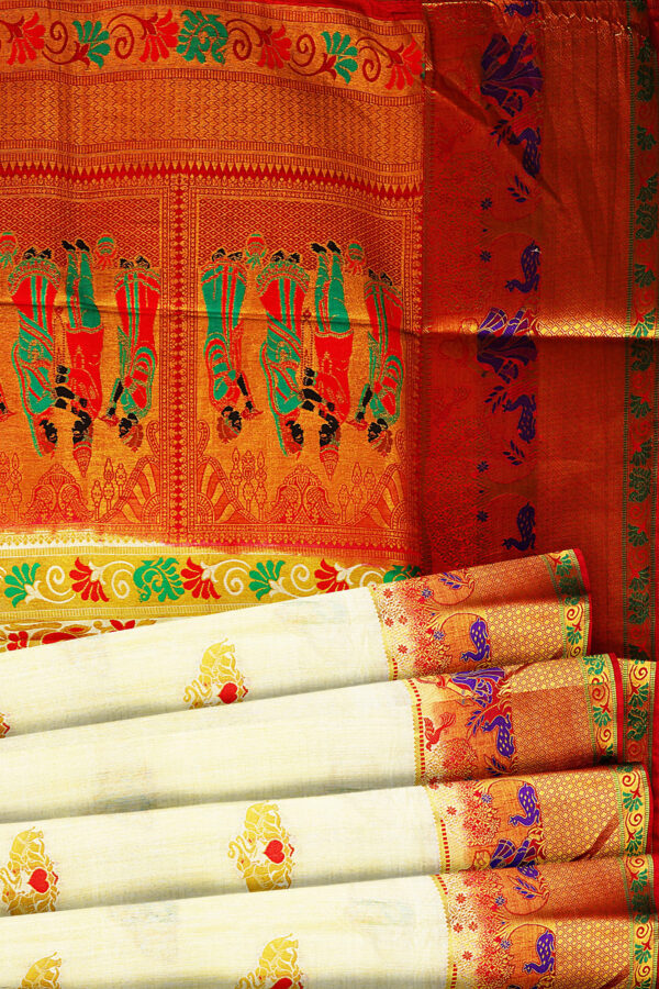 sri kumaran stores tussar silk white saree with golden red border 4