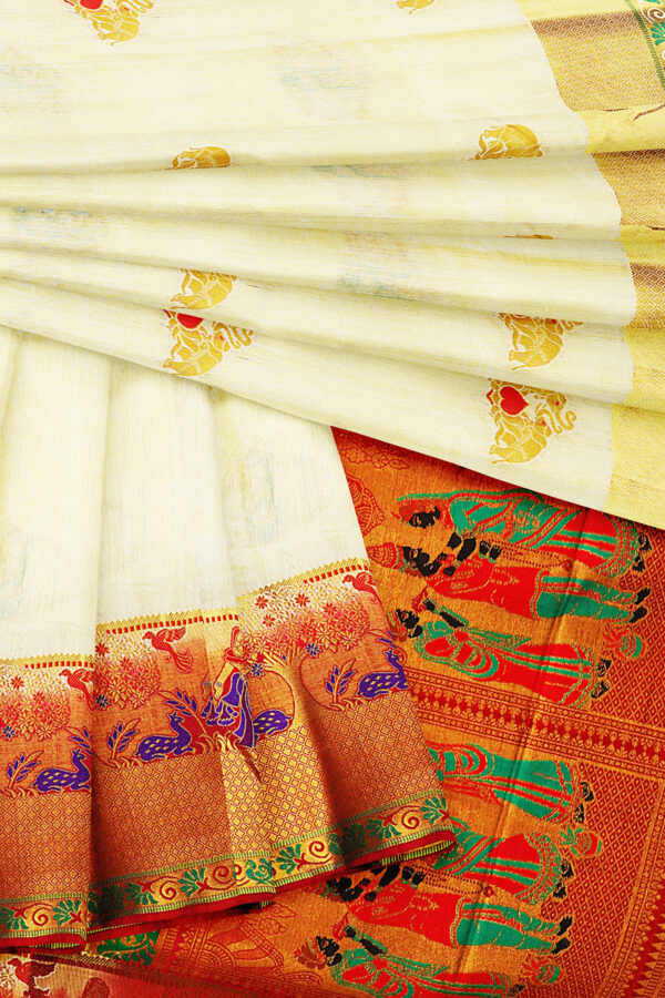 sri kumaran stores tussar silk white saree with golden red border 5