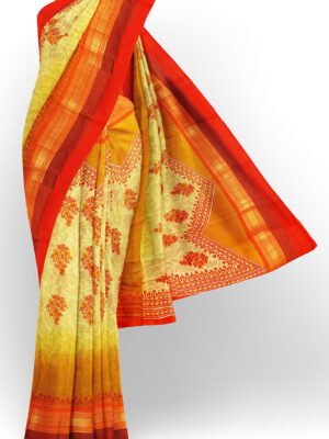 sri kumaran stores tussar silk yellow saree with golden red border 1