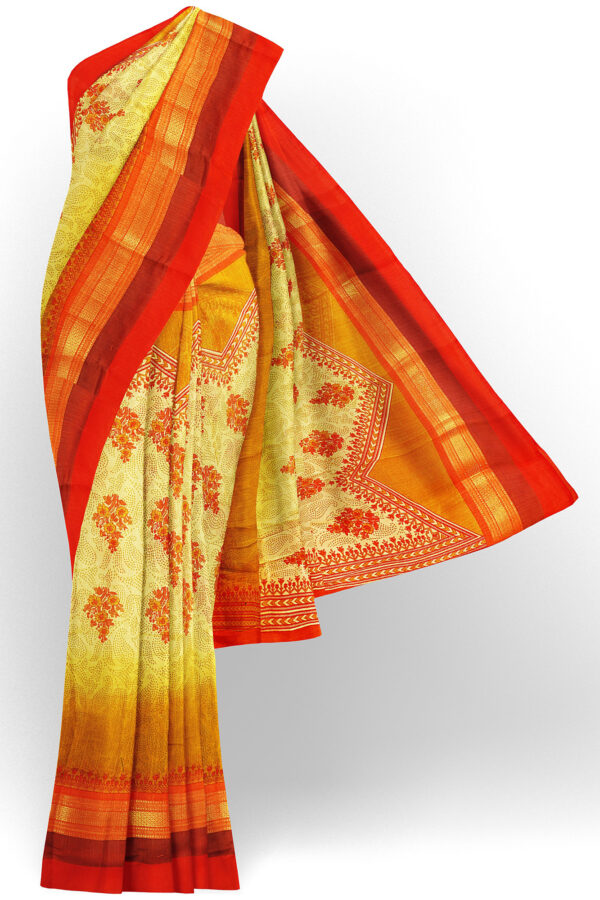 sri kumaran stores tussar silk yellow saree with golden red border 1