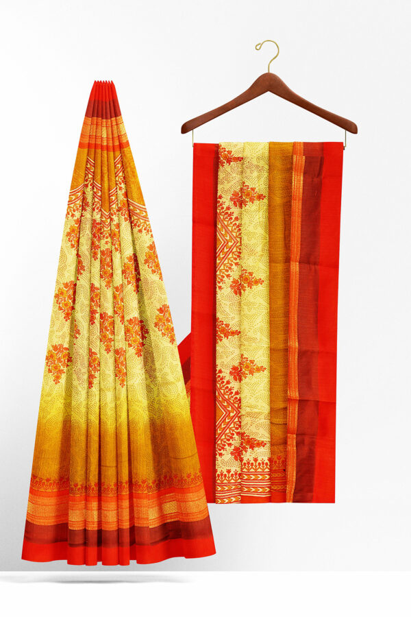 sri kumaran stores tussar silk yellow saree with golden red border 2