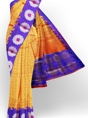 sri kumaran stores tussar silk yellow saree with purple border 1