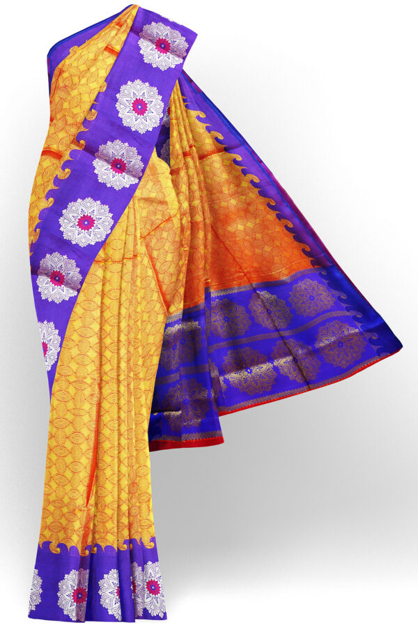 sri kumaran stores tussar silk yellow saree with purple border 1