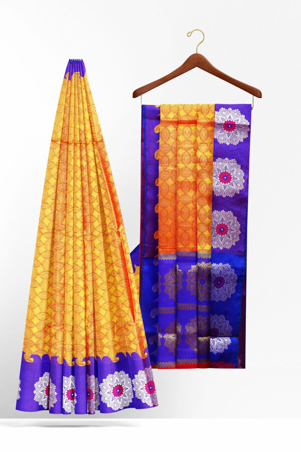 sri kumaran stores tussar silk yellow saree with purple border 2