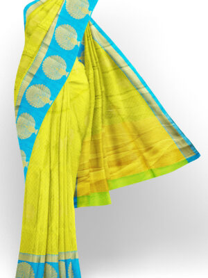 sri kumaran stores tussar silk yellow saree with sky blue border 1