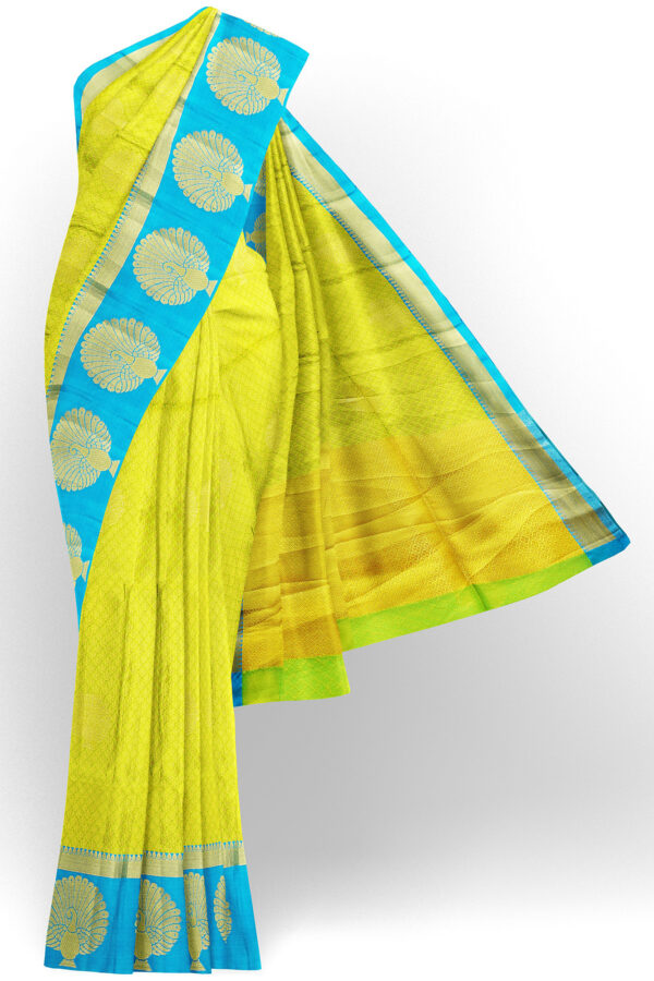 sri kumaran stores tussar silk yellow saree with sky blue border 1