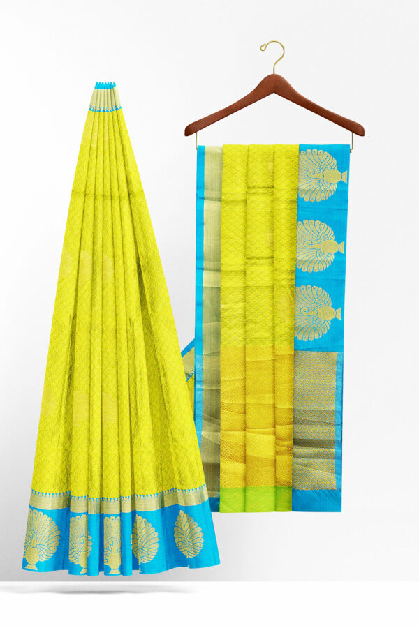 sri kumaran stores tussar silk yellow saree with sky blue border 2