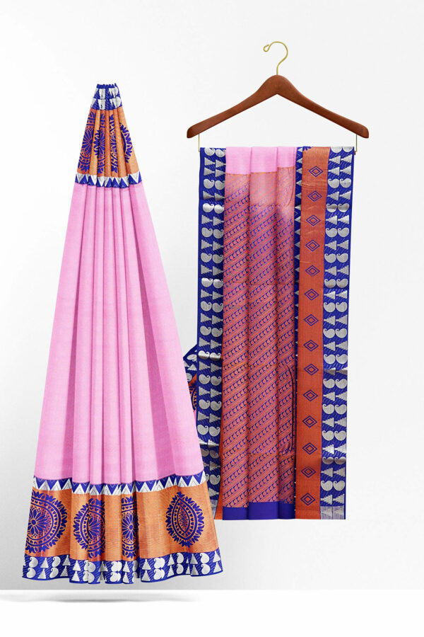sri kumaran stores kanchipuram silk saree baby pink saree with copper blue border 3