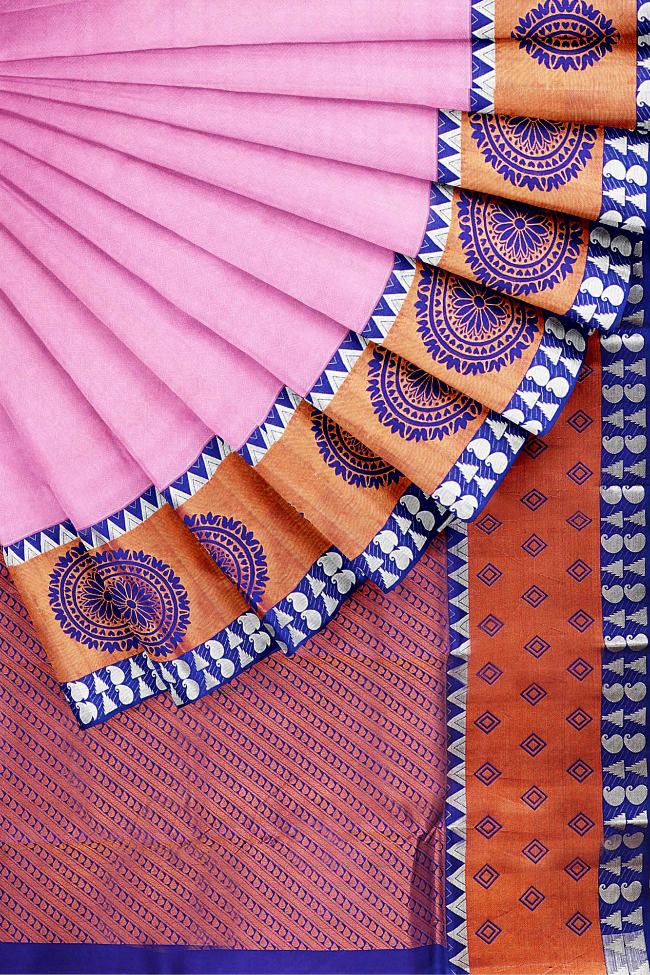sri kumaran stores kanchipuram silk saree baby pink saree with copper blue border 4