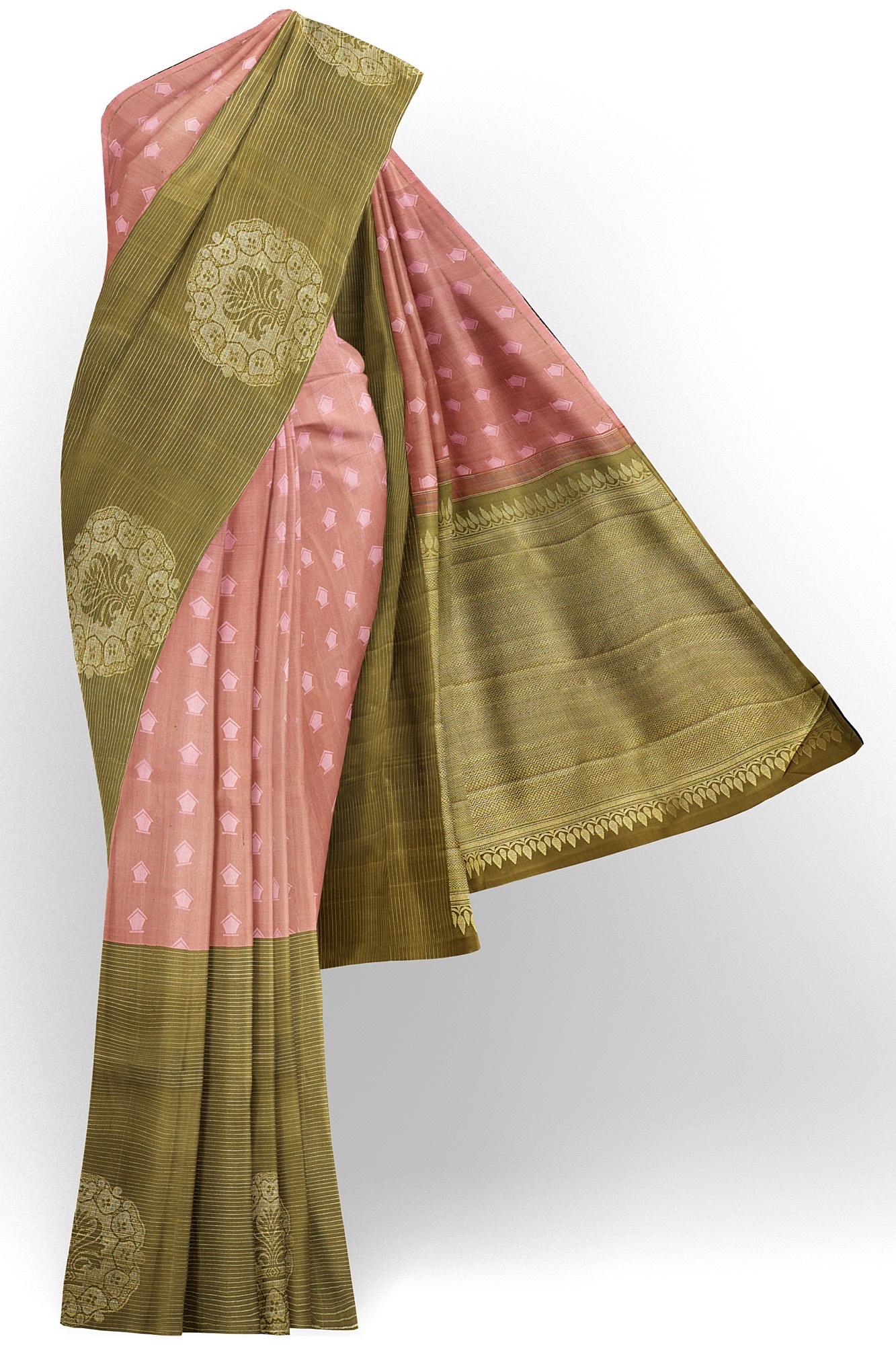 sri kumaran stores kanchipuram silk saree biscuit brown saree with green border 2