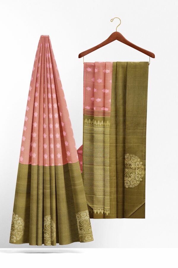 sri kumaran stores kanchipuram silk saree biscuit brown saree with green border 3