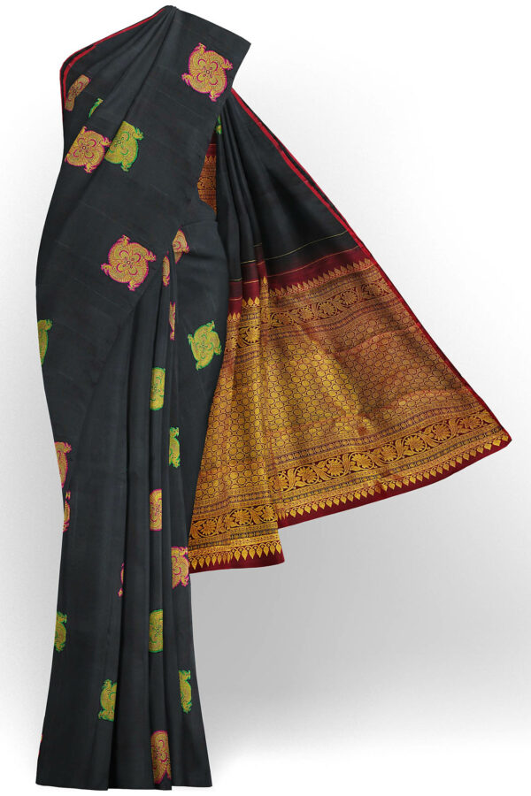 sri kumaran stores kanchipuram silk saree black saree with golden black border 2
