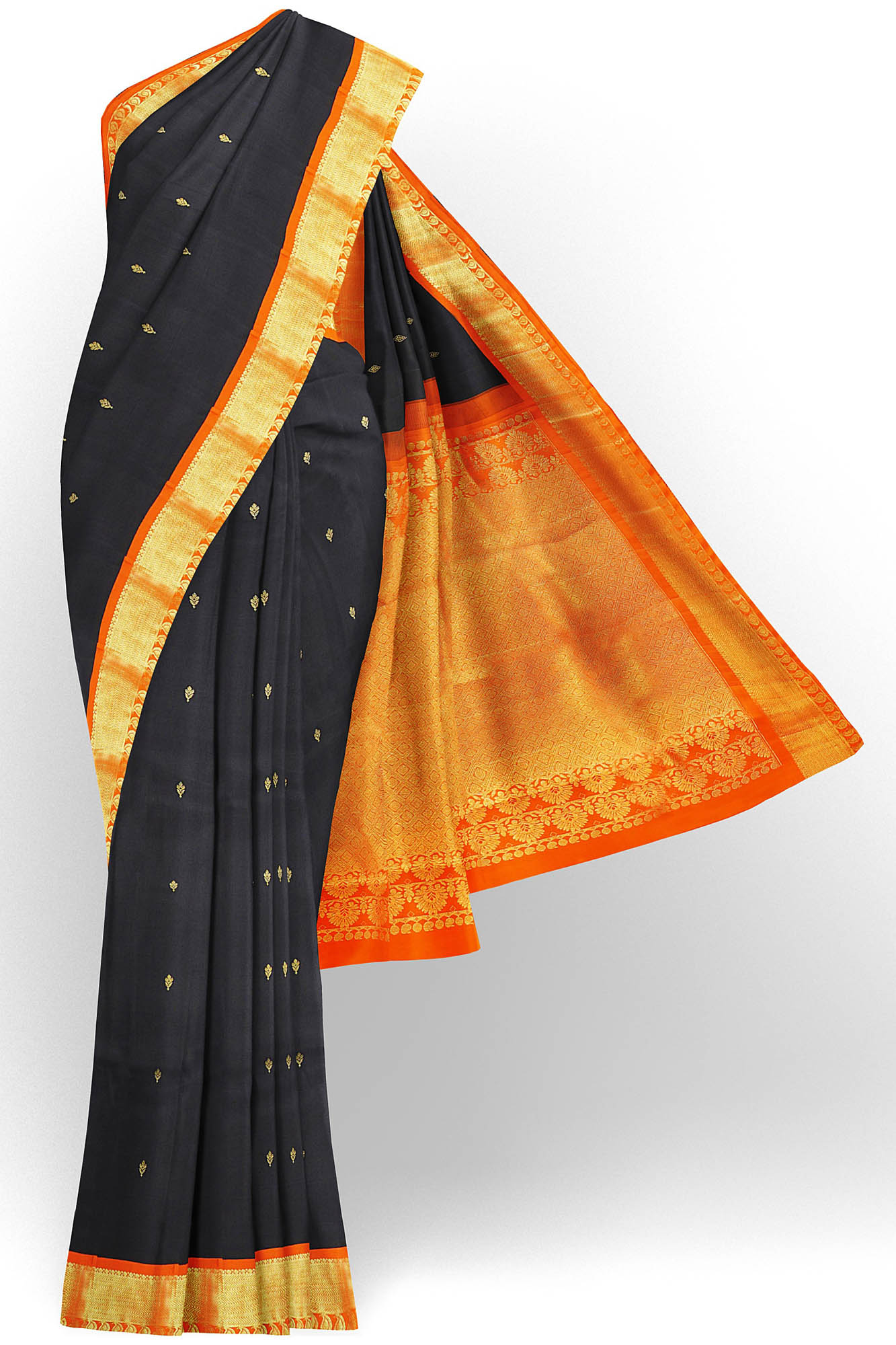 sri kumaran stores kanchipuram silk saree black saree with golden orange border 2