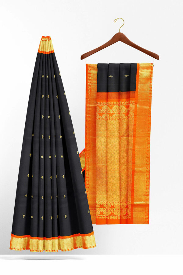 sri kumaran stores kanchipuram silk saree black saree with golden orange border 3