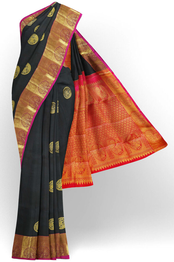 sri kumaran stores kanchipuram silk saree black saree with golden pink border 2