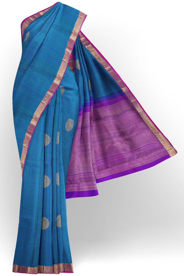 sri kumaran stores kanchipuram silk saree blue saree with golden purple border 2