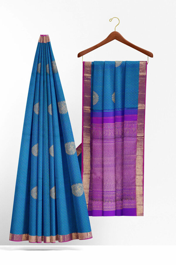 sri kumaran stores kanchipuram silk saree blue saree with golden purple border 3