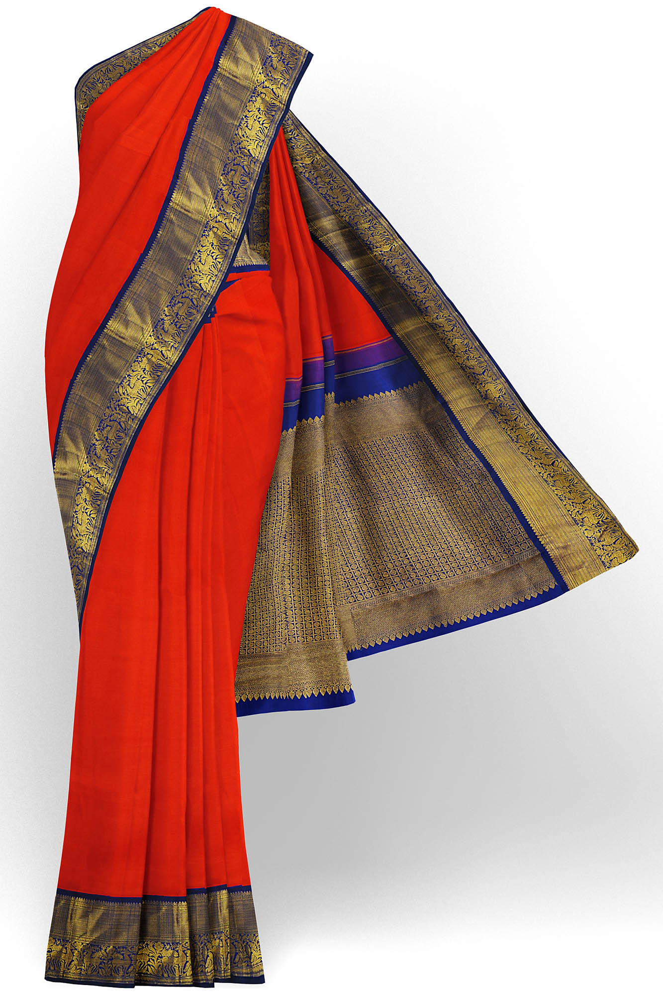 sri kumaran stores kanchipuram silk saree bright orange saree with golden blue border 2