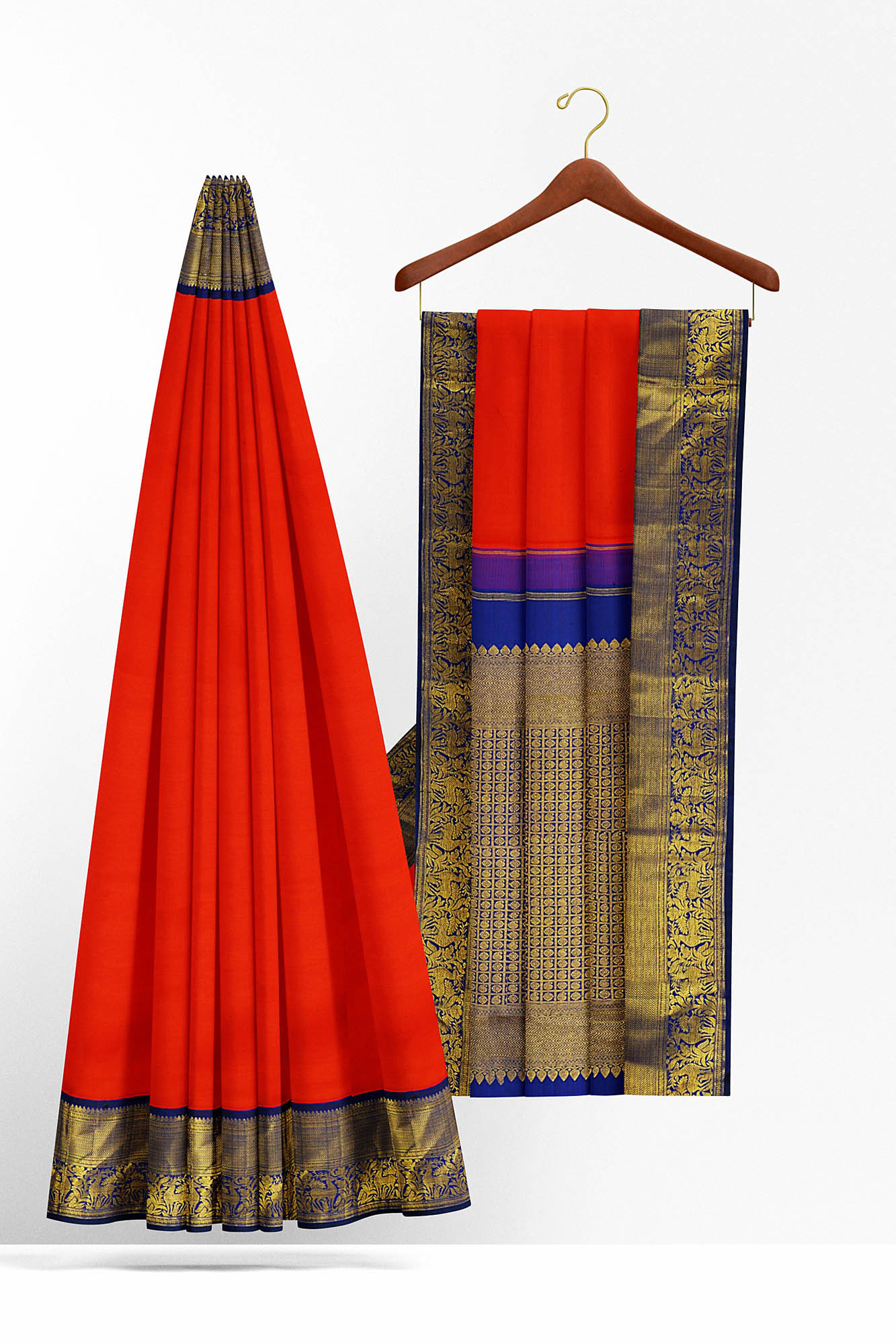 sri kumaran stores kanchipuram silk saree bright orange saree with golden blue border 3