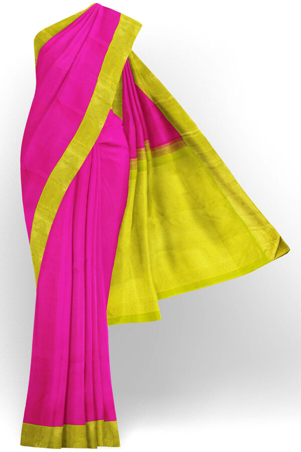 sri kumaran stores kanchipuram silk saree bright pink saree with golden green border 2