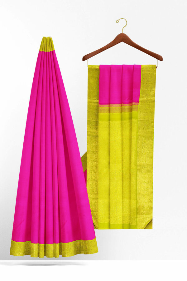 sri kumaran stores kanchipuram silk saree bright pink saree with golden green border 3