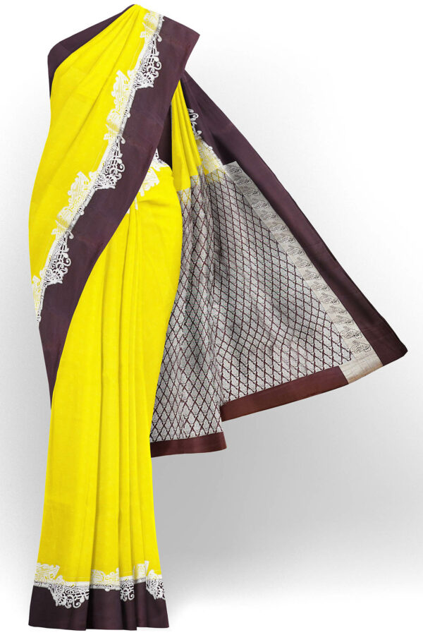 sri kumaran stores kanchipuram silk saree bright yellow saree with brown border 2