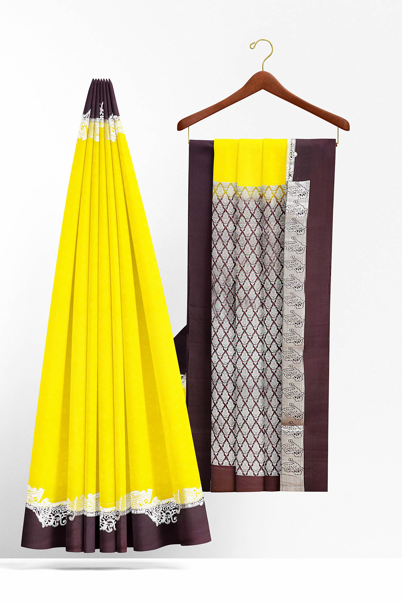 sri kumaran stores kanchipuram silk saree bright yellow saree with brown border 3