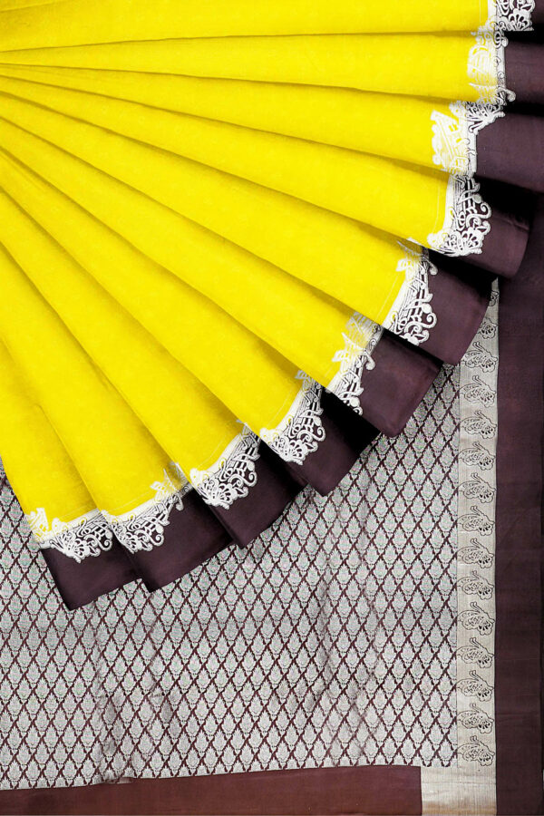 sri kumaran stores kanchipuram silk saree bright yellow saree with brown border 4