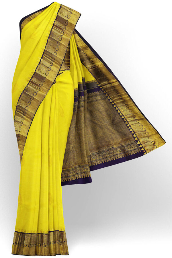 sri kumaran stores kanchipuram silk saree bright yellow saree with golden blue border 2