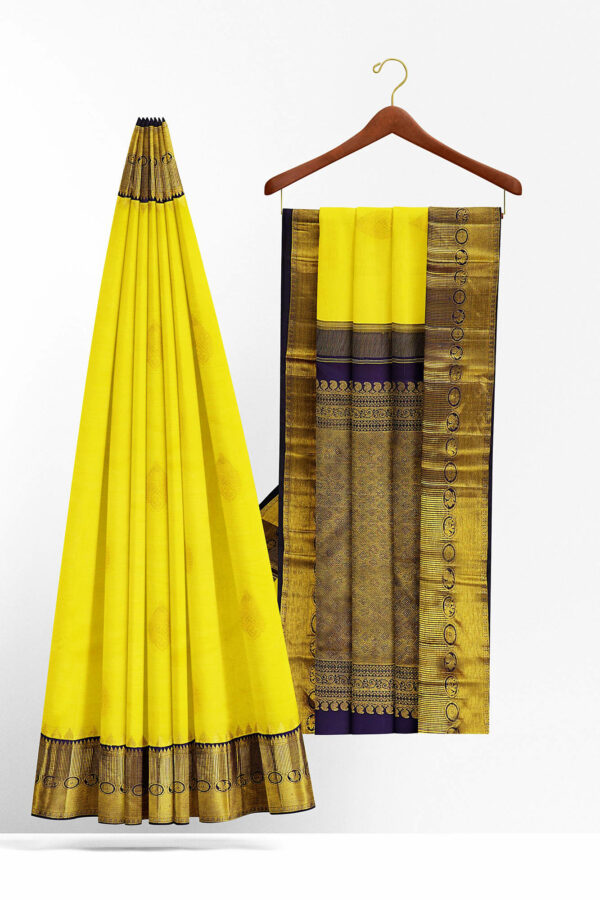 sri kumaran stores kanchipuram silk saree bright yellow saree with golden blue border 3