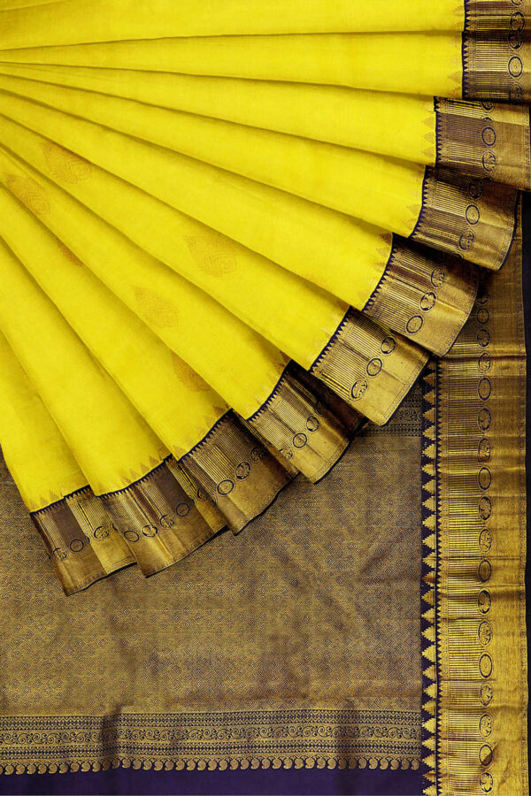 sri kumaran stores kanchipuram silk saree bright yellow saree with golden blue border 4